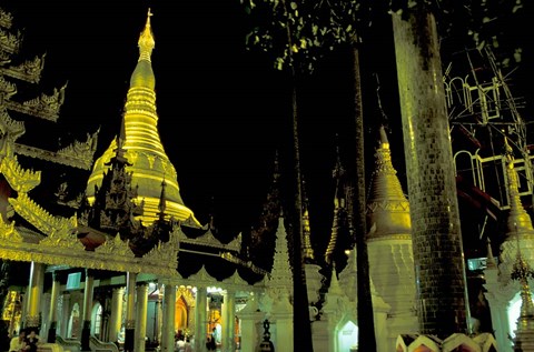 Framed Night View of Illuminated Shwedagon, Myanmar Print