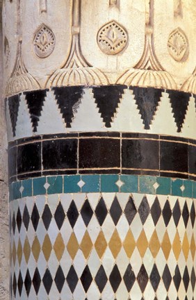Framed Zellij Tile and Stucco on Historic Medersa, built 1333 AD, Morocco Print