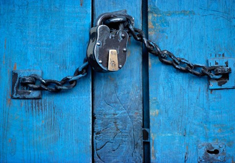 Framed India, Ladakh, Kargil, Padlock on blue door Print