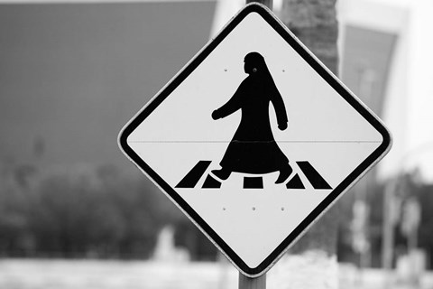 Framed Qatar, Ad Dawhah, Doha. Arabian Pedestrian Crossing Sign / Al-Corniche Street Print