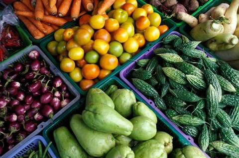 Framed Asia, Singapore. Fresh produce for sale at street market Print