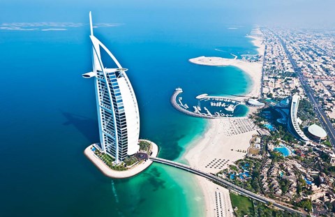 Framed Aerial view of the Burj Al Arab, Dubai, United Arab Emirates Print