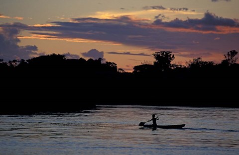 Framed Boaters on Amazon River at Sunset, Amazon River Basin, Peru Print