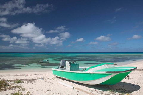 Framed Boat and Turquoise Water on Pillory Beach, Turks and Caicos, Caribbean Print