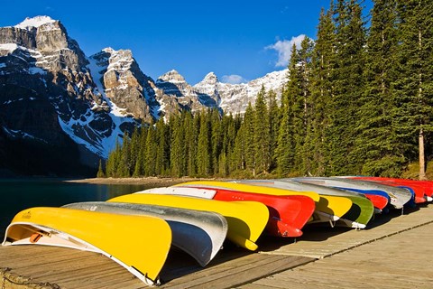 Framed Moraine Lake and rental canoes stacked, Banff National Park, Alberta, Canada Print