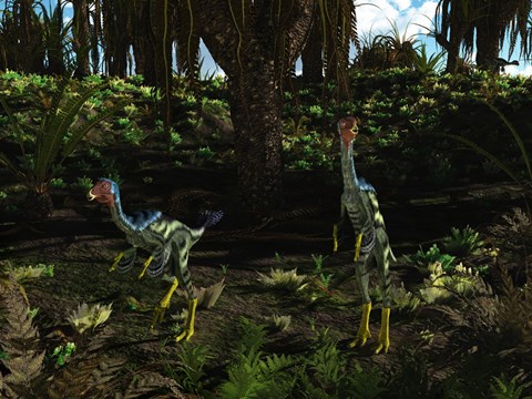 Framed Caudipteryx wander a prehistoric landscape Print