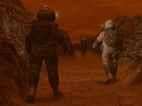 Framed Artist&#39;s concept of Astronauts Exploring a Dry Gully on Saturn&#39;s Moon Titan Print