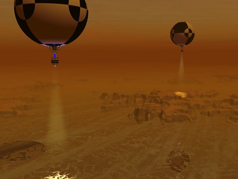 Framed Pair of Balloon-Borne Probes Leisurely Survey the Surface of Titan Print