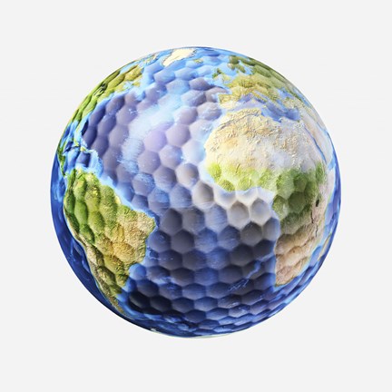 Framed 3D rendering of a planet Earth Golf Ball, White Background Print