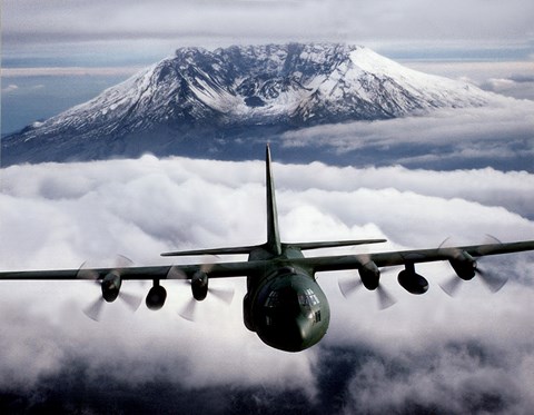 Framed C-130 Hercules aircraft flies over Mount St. Helens, Vancouver, Washington Print