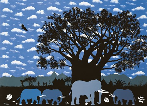 Framed Elephant Herd and Cloudy Sky Print