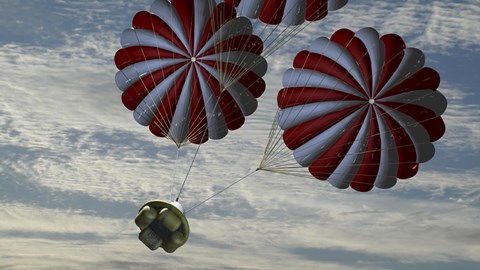 Framed Concept of the Second Stage Recovery Parachutes Opening as a Crew Exploration Vehicle Descends to Earth Print