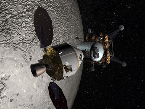 Framed Concept of the Orion crew Exploration Vehicle Docked to a Lunar Lander in Lunar Orbit Print