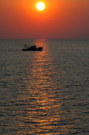 Framed Greece, Crete, Aegean sunset, Fishing Boat Print