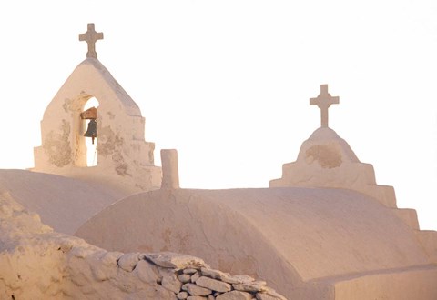 Framed Bell of Greek Orthodox Church, Mykonos, Cyclades, Greece Print