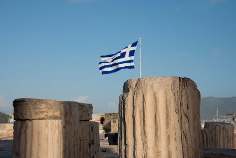 Framed Greece, Athens, Acropolis Column ruins and Greek Flag Print