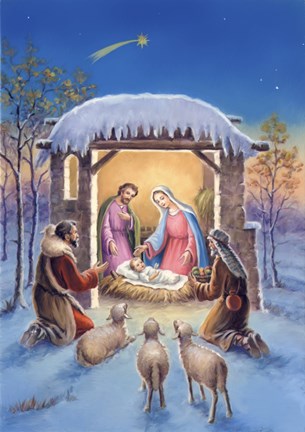Framed Mary and Joseph With Visitors Bearing Gifts Print