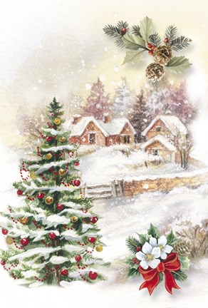 Framed Christmas Tree and Snow Village Print