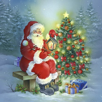 Framed Santa&#39;s Christmas Tree and Bench Print