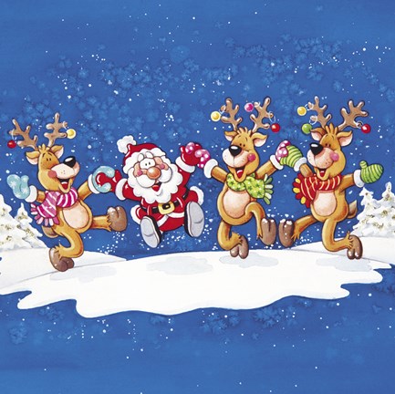 Framed Santa&#39;s Christmas Winter Deer Dance Print