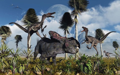 Framed Velociraptors Attack a Lone Protoceratops Print