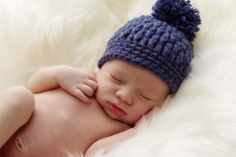 Framed Baby In Blue Pom Hat Print