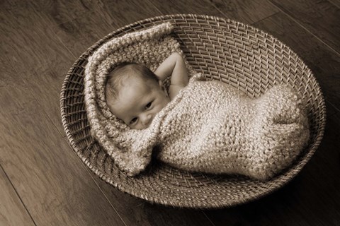 Framed Baby In Knit And Basket Print
