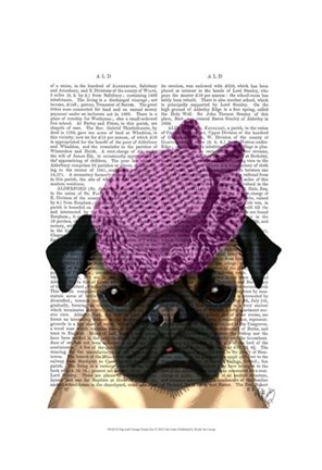 Framed Pug with Vintage Purple Hat Print