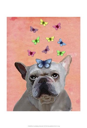 Framed White French Bulldog and Butterflies Print