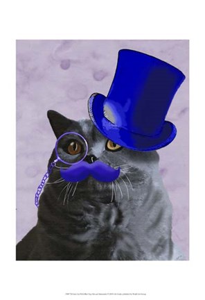 Framed Grey Cat With Blue Top Hat and Moustache Print