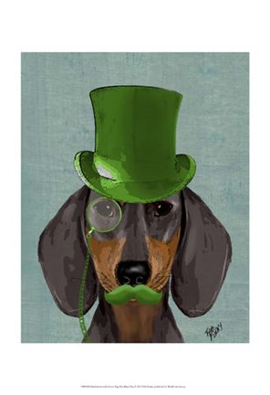 Framed Dachshund with Green Top Hat Black Tan Print