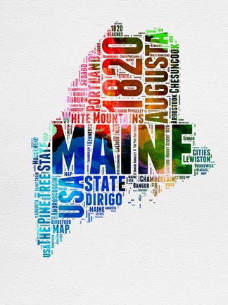 Framed Maine Watercolor Word Cloud Print