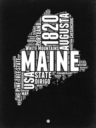 Framed Maine Black and White Map Print