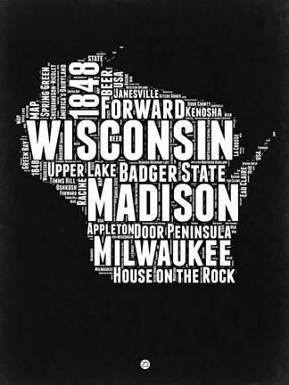 Framed Wisconsin Black and White Map Print