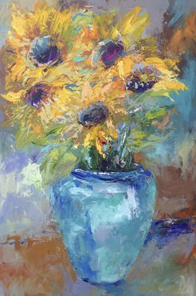 Framed Sunflowers With Light Blue Print