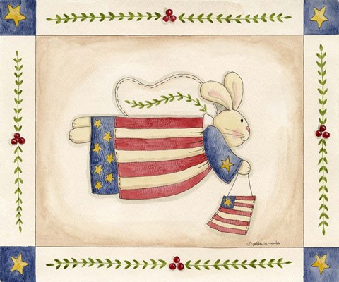 Framed Patriotic Bunny Angel With Flag Print