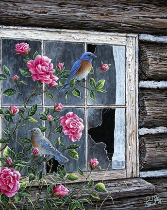 Framed Roses &amp; Bluebirds Print