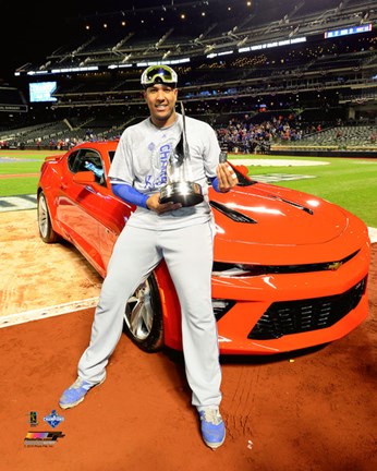 Framed Salvador Perez with the World Series MVP Trophy Game 5 of the 2015 World Series Print