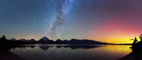 Framed Northern Lights over Jackson Lake Pano Print