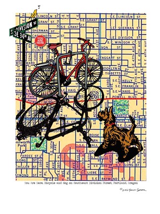 Framed Bicycle and Dog Division Portland Print
