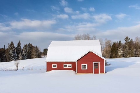 Framed Red Barn In Snow Print