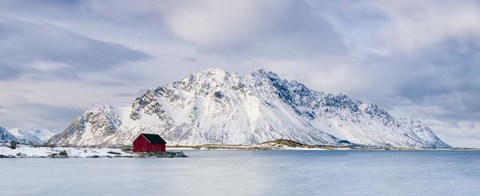 Framed Red Shack On Fjord - Panorama Print