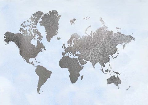 Framed Silver Foil World Map on Blue - Metallic Foil Print