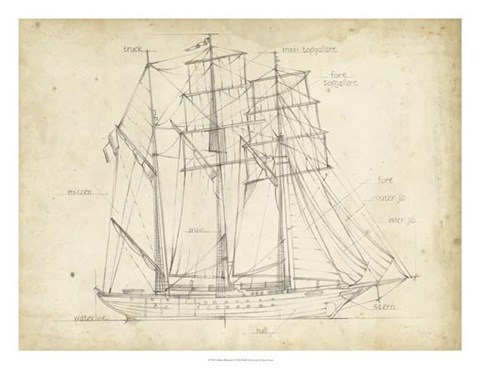 Framed Sailboat Blueprint I Print