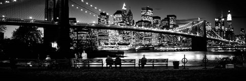 Framed Suspension bridge lit up at dusk, Brooklyn Bridge, Manhattan, NY Print