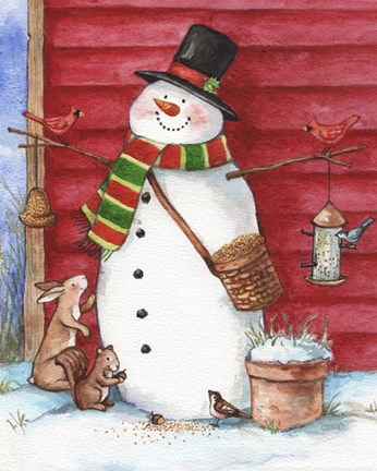 Framed Red Barn Snowman with Friends Print