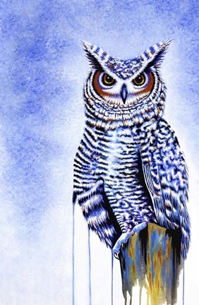 Framed Great Horned Owl In Blue Print
