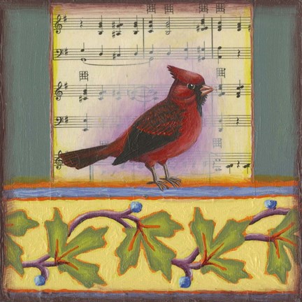 Framed Cardinal on Music Notes 1 Print
