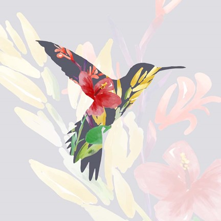 Framed Grey Floral Hummingbird Print