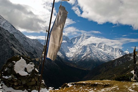 Framed Prayer flags on ridge above Dole, peak of Ama Dablam, Nepa, Print